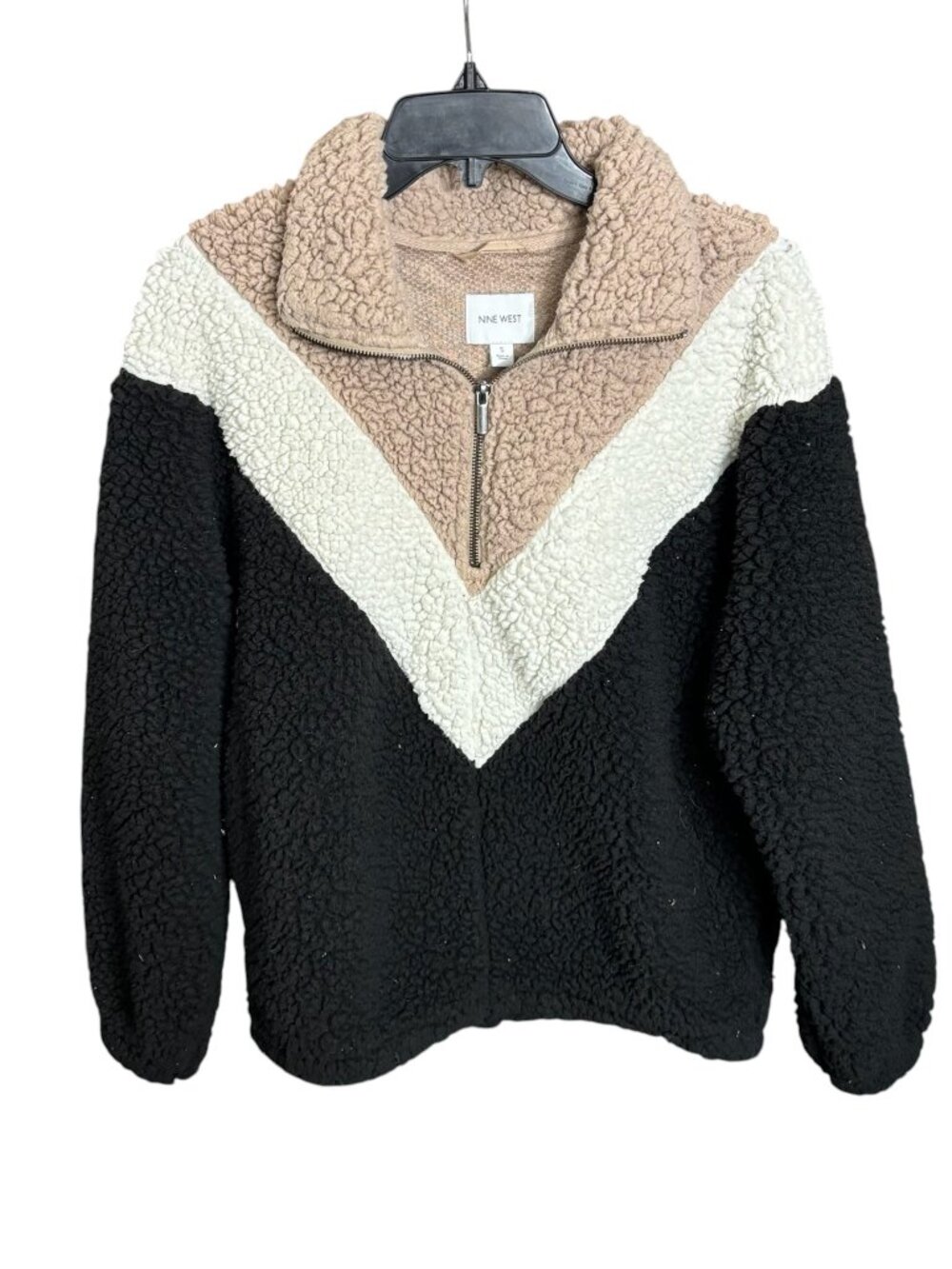 Nine West Quarter-Zip Teddy Pullover Top Black White Tan Size Small